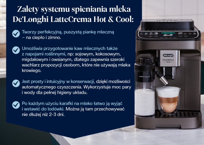  Zalety systemu spieniania mleka De’Longhi LatteCrema Hot & Cool - infografika